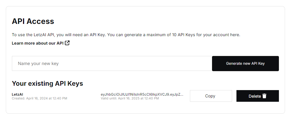 LetzAI Api Keys