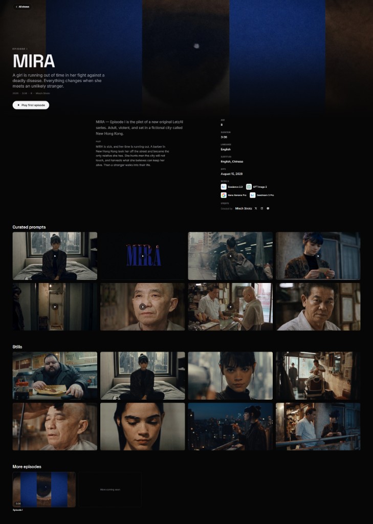 MIRA on LetzAI Originals, with curated prompts, stills, and episode details