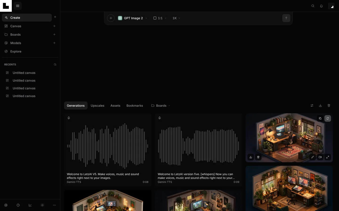 The Create feed with two voice clips shown as waveforms with a duration, next to generated images