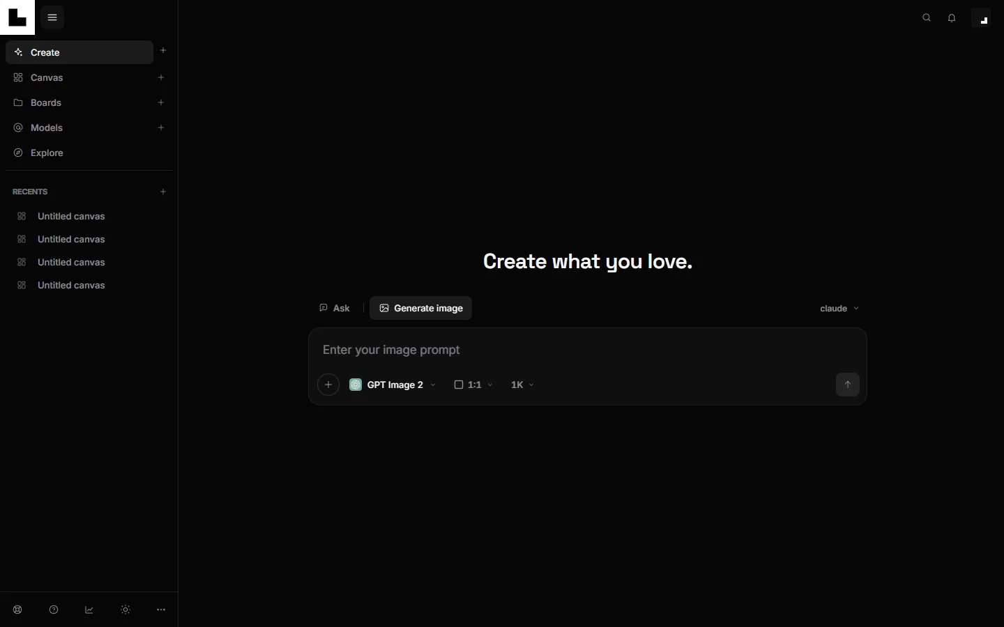 The new Create page: a sidebar with Create, Canvas, Boards, Models and Explore, and one prompt box under the line Create what you love.