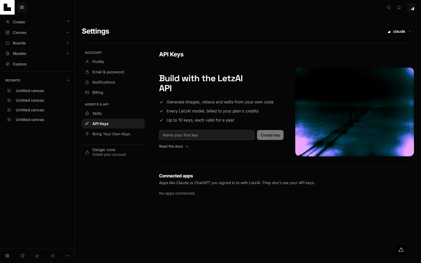 Settings, API Keys, with the option to create a key and the Connected apps section underneath