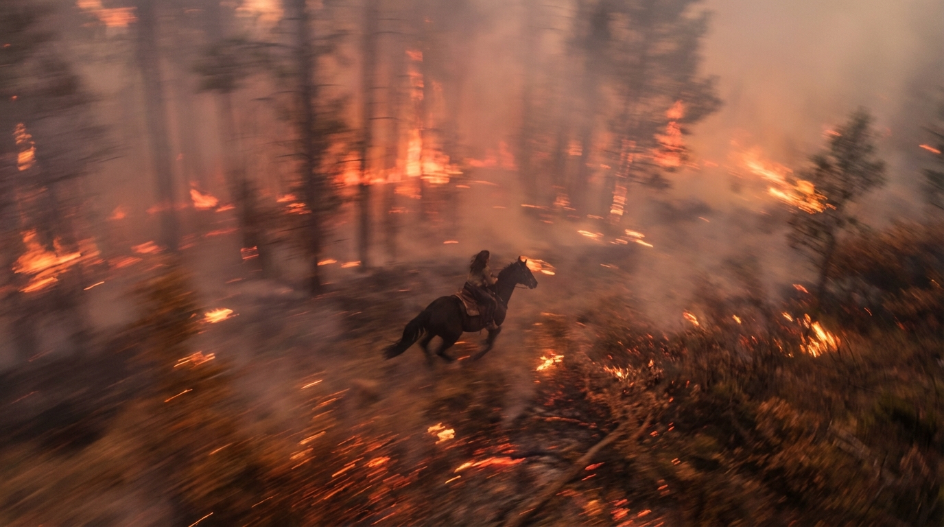 Horse galloping through burning forest - Nano Banana Pro example