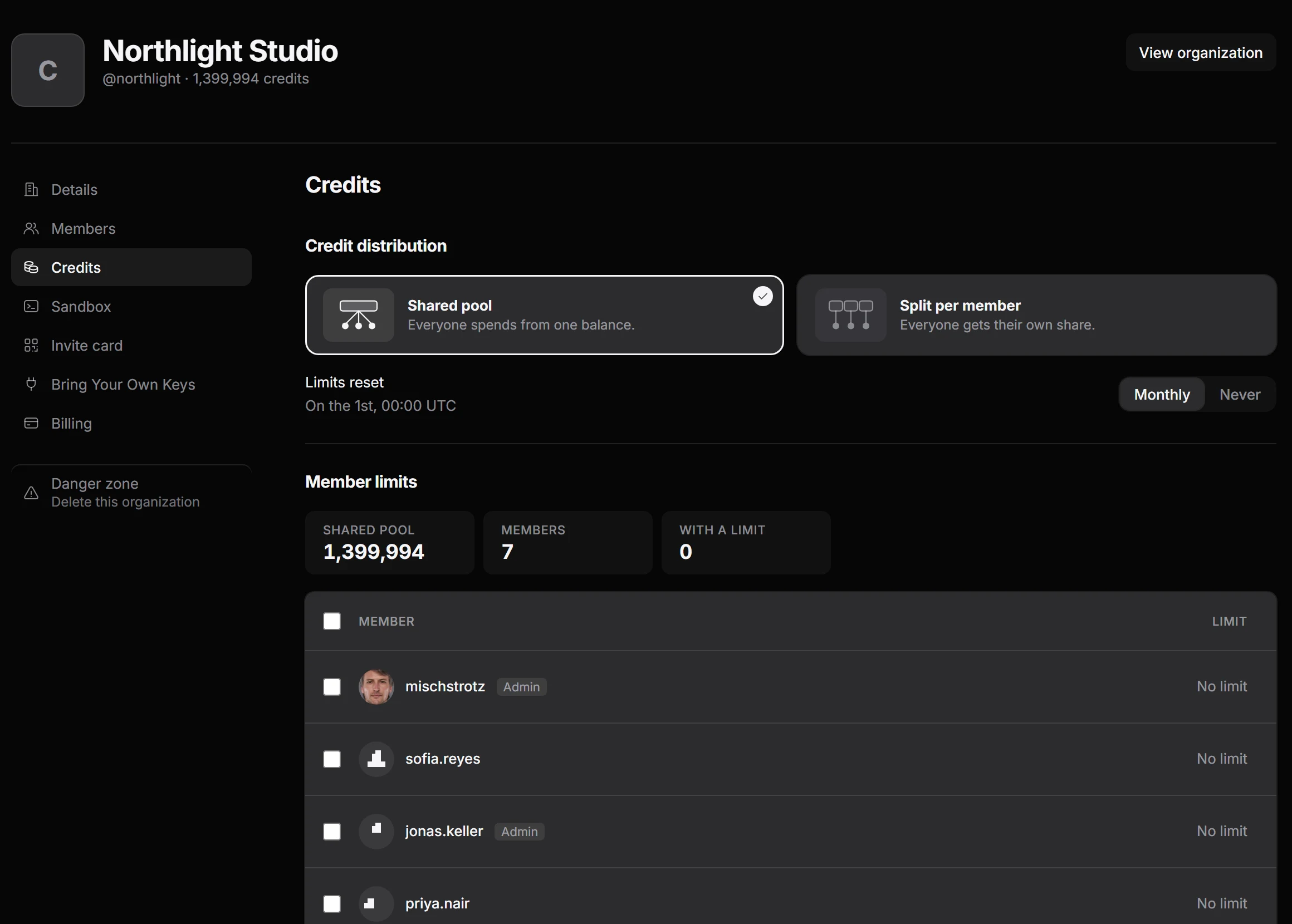 Credits tab in LetzAI organization settings