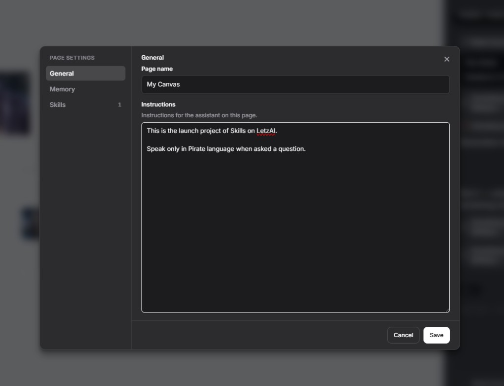 Page settings on Canvas — General tab with page name and instructions