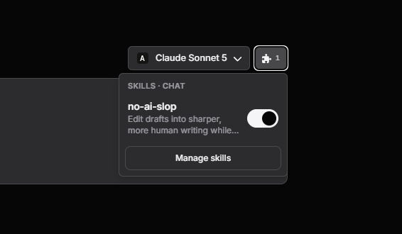 Skills puzzle icon in the Chat composer with the skills dropdown open